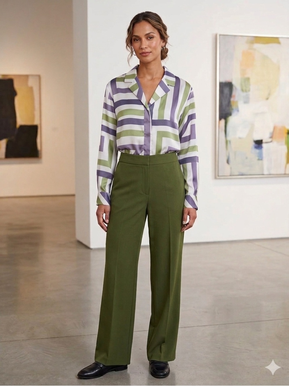 Reitmans White and Purple Blouse with Olive Striping